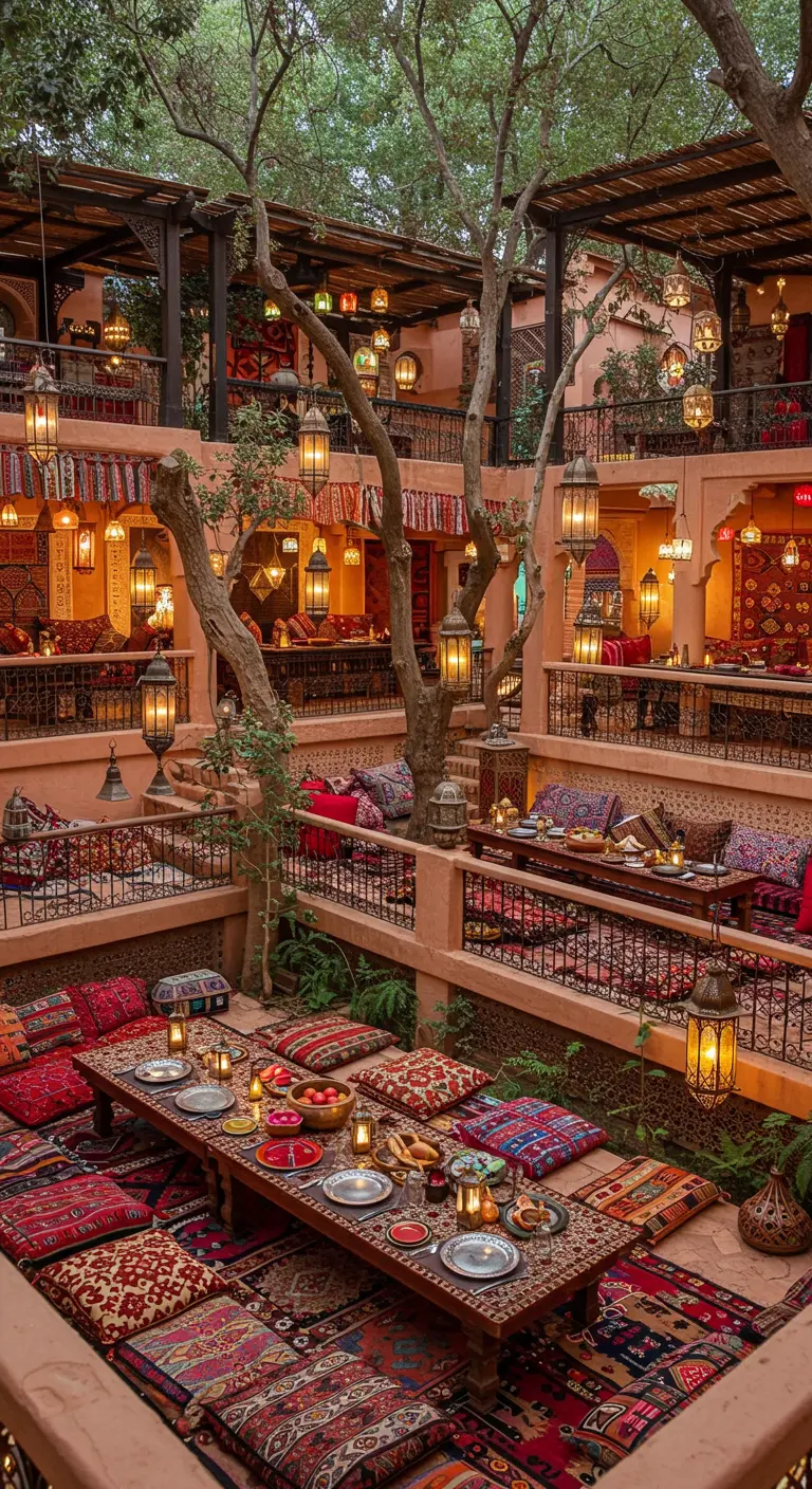 Grand patio marocain à plusieurs niveaux, abondance de tapis, coussins, plantes et lanternes.