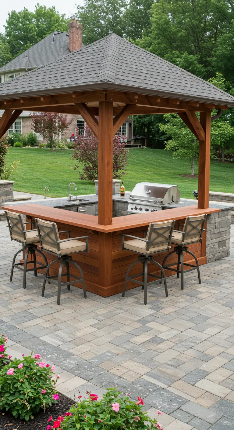 Grand bar en bois avec grill intégré sous un kiosque de jardin.