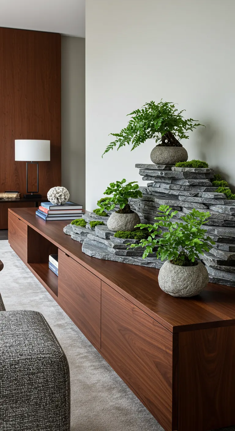 Un arrangement de fougères en pots de pierre sur un buffet, parmi des plaques d'ardoise empilées.