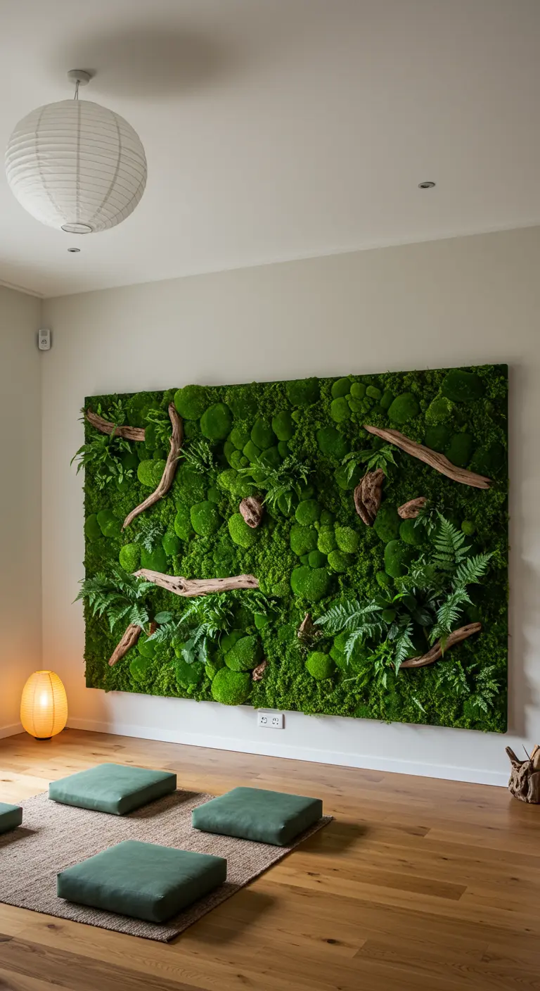 Un très grand mur végétal de mousses stabilisées de différentes textures, avec des branches de bois intégrées.
