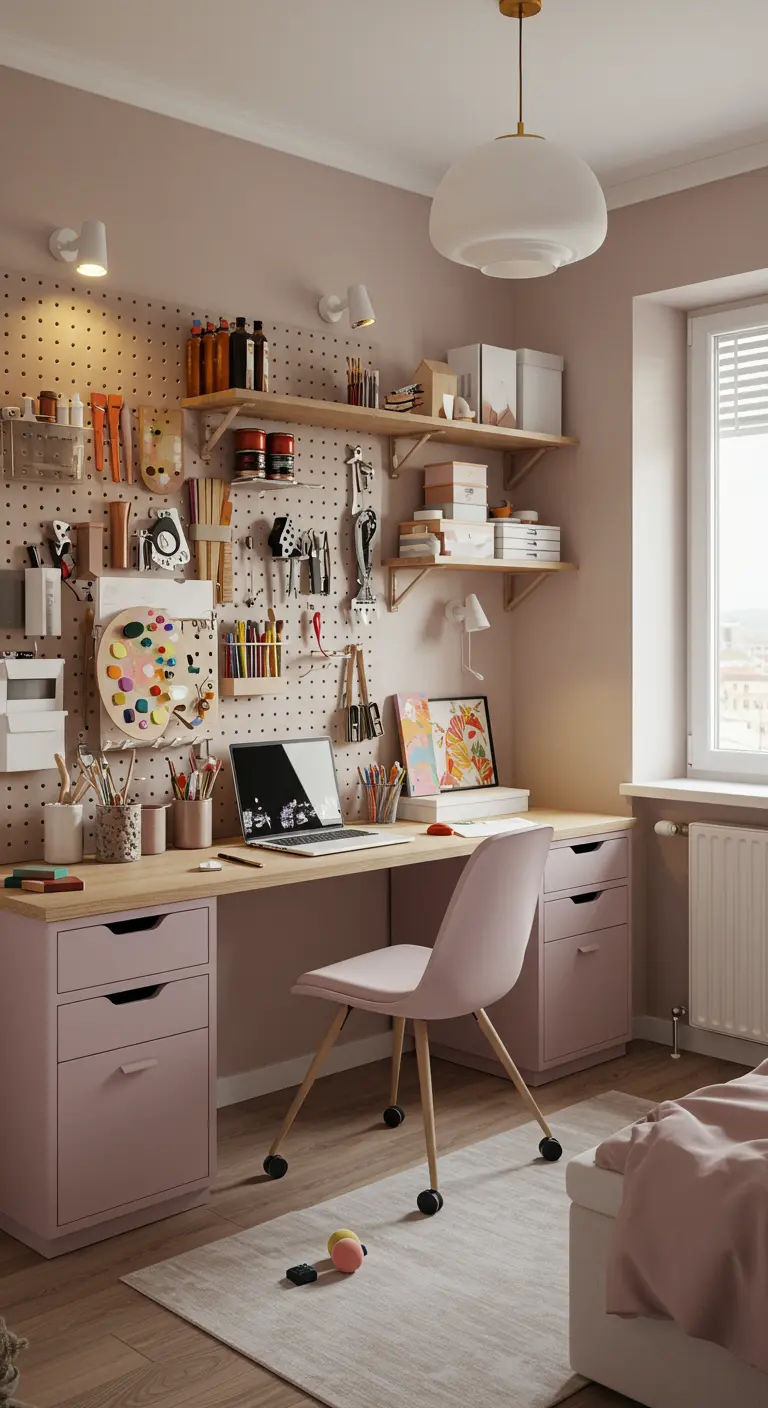 Chambre ado rose poudré avec un grand pegboard mural pour l'organisation des fournitures artistiques.