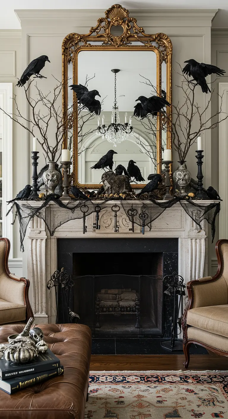 Cheminée décorée de faux corbeaux, de branches, de crânes et de clés anciennes.