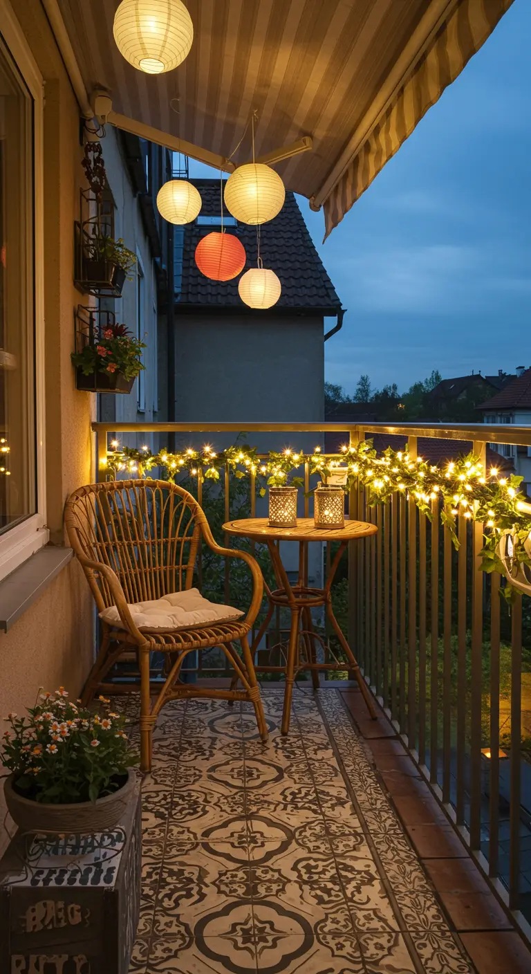 Petit balcon avec table bistrot, carrelage à motifs, et éclairage par lampions et guirlandes.