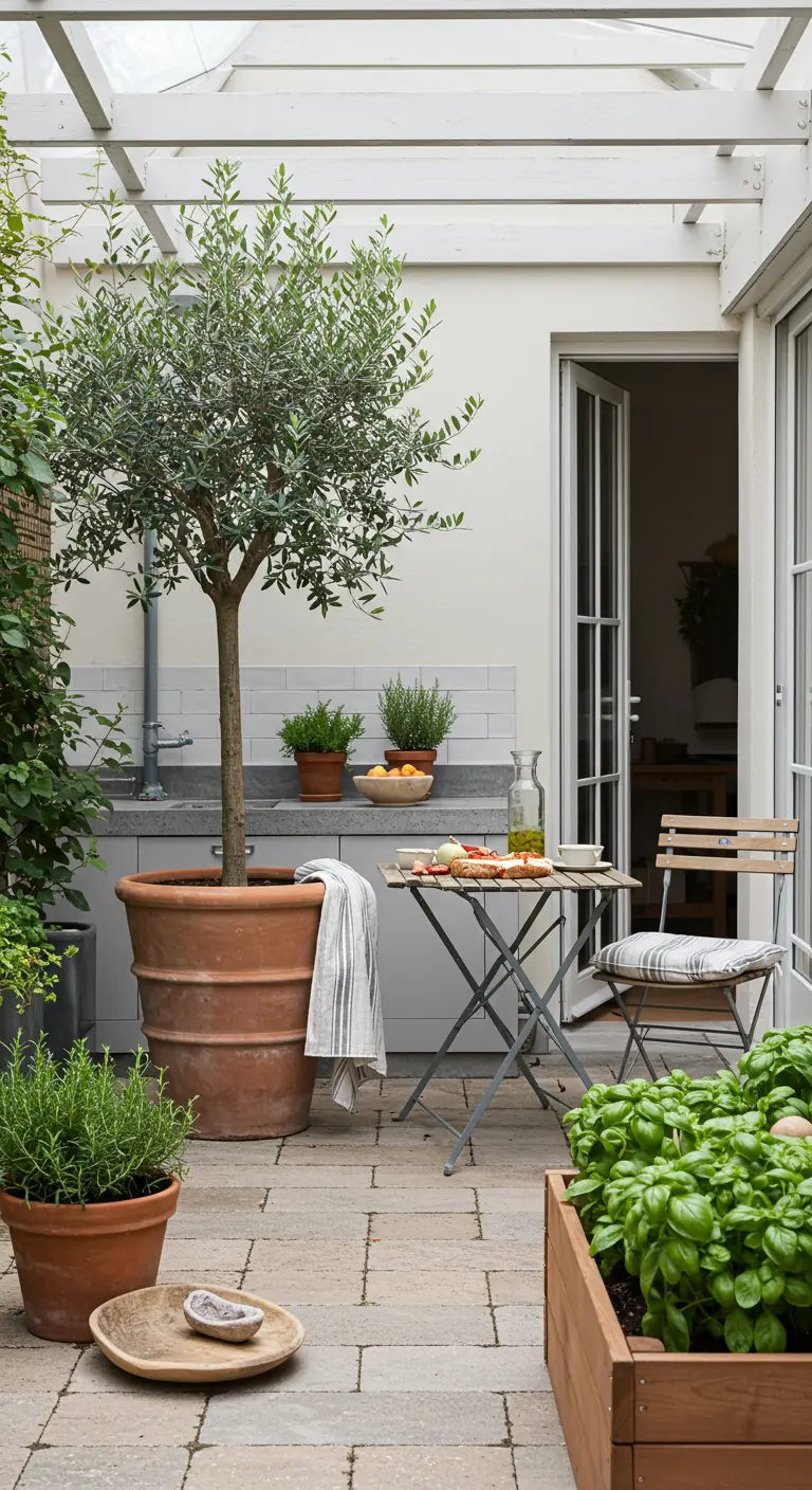 Patio avec table de bistrot, olivier en pot et jardinières d'herbes.