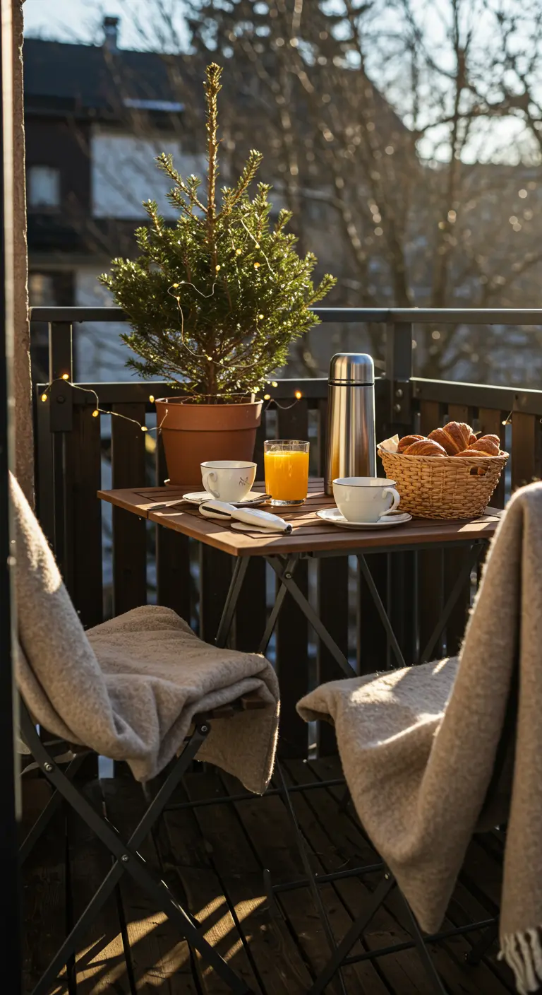 Petit-déjeuner servi sur un balcon avec un petit sapin en pot et des plaids.