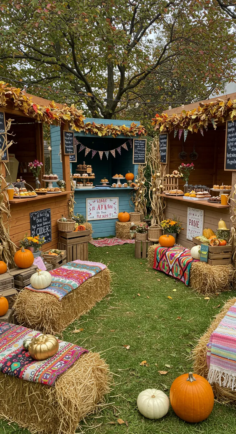 Ambiance de marché d'automne avec des stands en bois et des bottes de foin.
