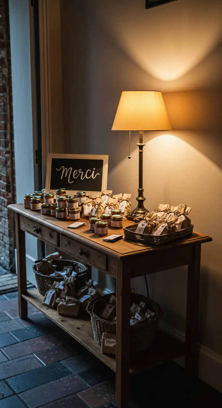 Table en bois avec des petits pots de confiture comme cadeaux d'invités et un panneau 