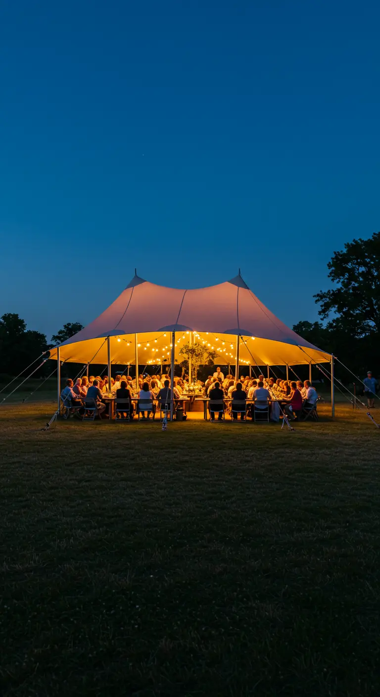 Tente illuminée la nuit au milieu d'un grand champ vide.