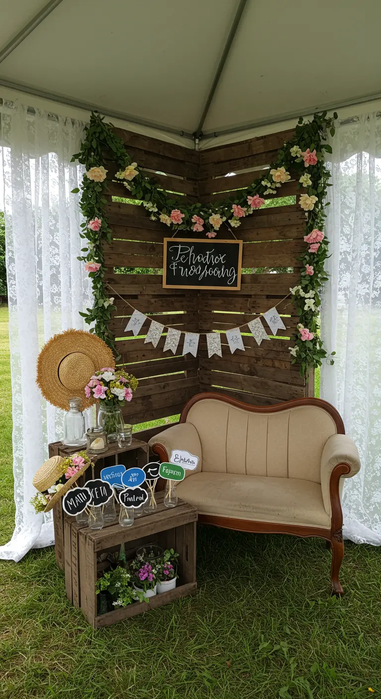 Coin photobooth rustique avec un fond en palettes, un canapé vintage et des fleurs.