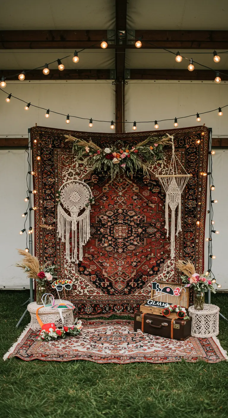 Photobooth bohème avec tapis oriental en toile de fond, macramés, herbe de la Pampa et guirlandes lumineuses.