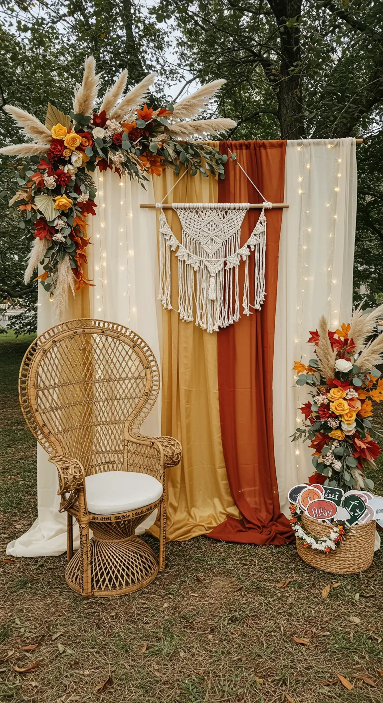 Photobooth avec fauteuil Emmanuelle, fond en tissu et décorations florales.