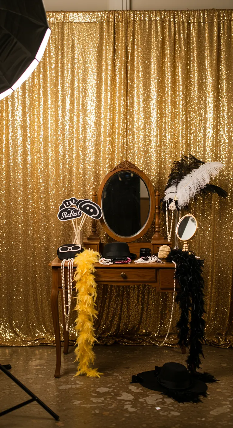 Un coin photobooth avec un fond doré, des colliers de perles et des boas.