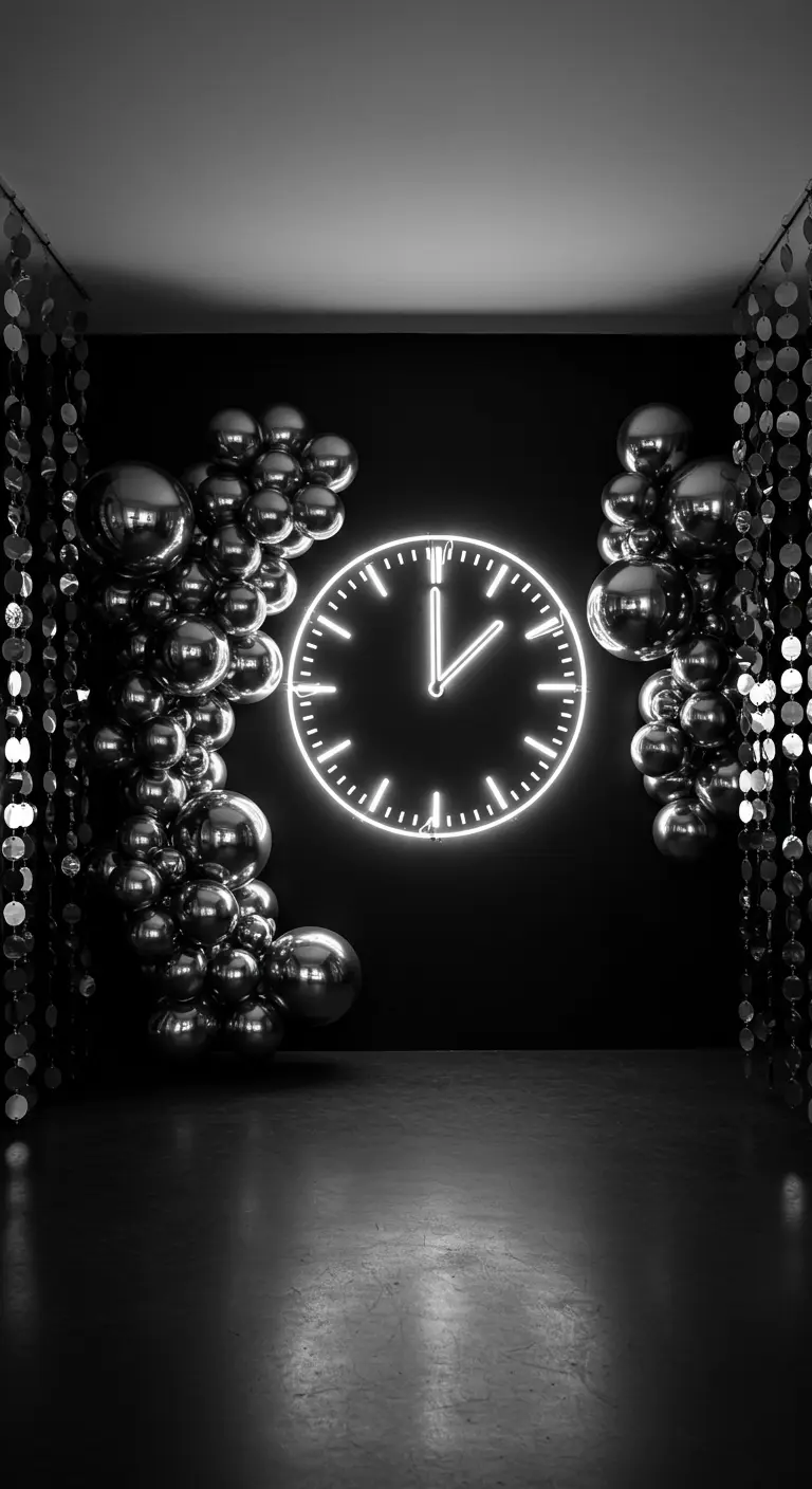 Horloge néon sur un mur noir, entourée de grappes de ballons argentés.