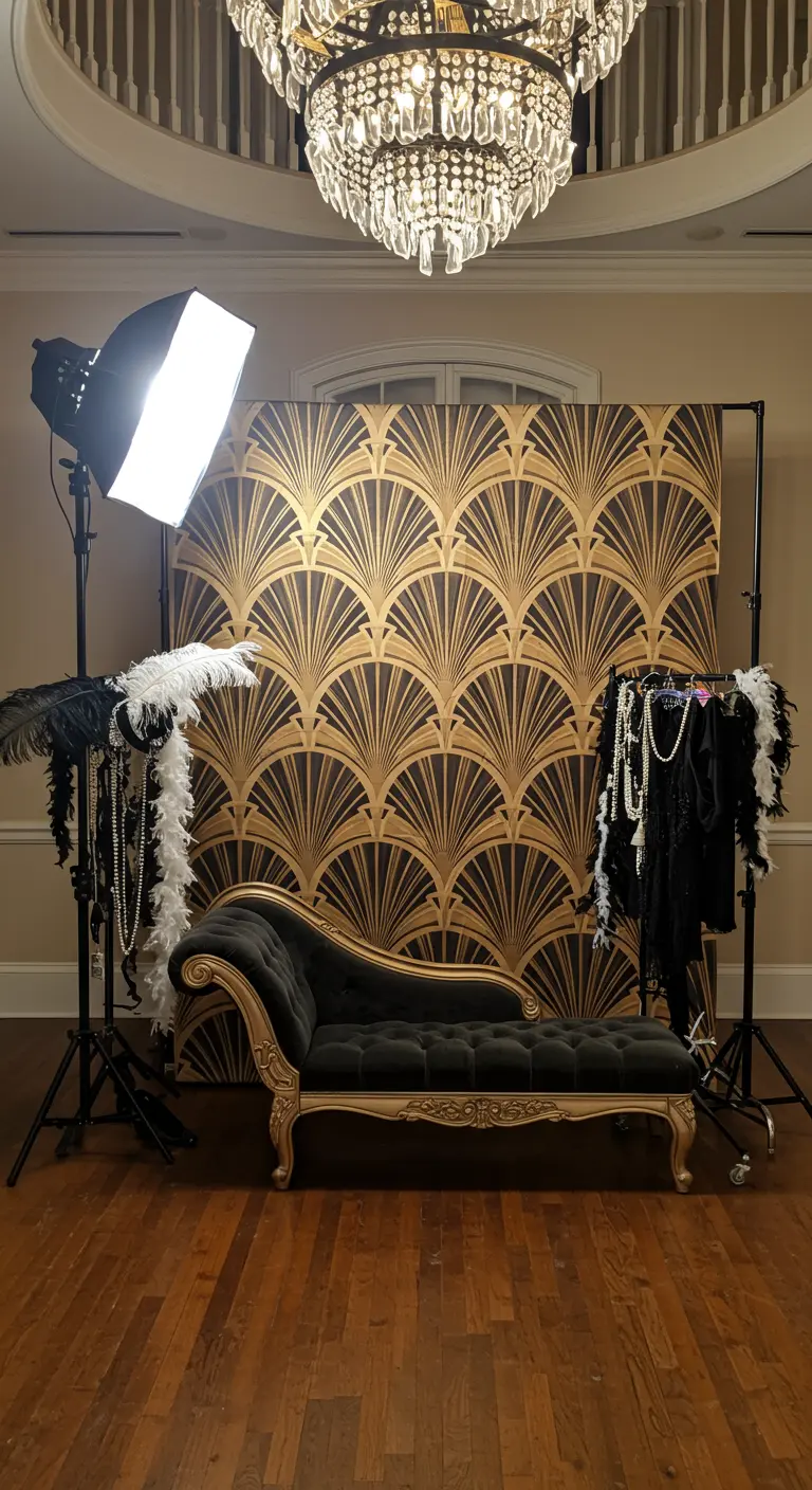 Coin photobooth avec un fond Art déco, une méridienne et des accessoires.