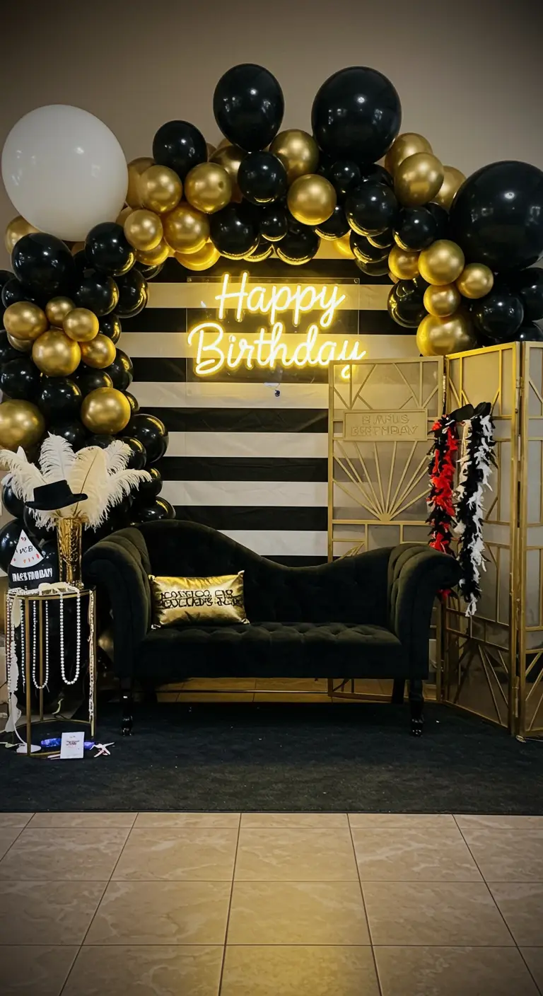 Coin photobooth avec canapé en velours noir, néon et arche de ballons.