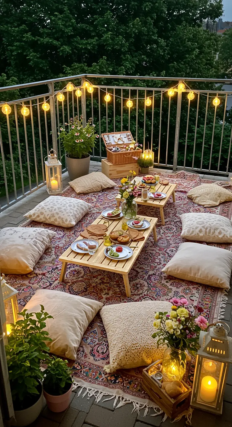 Balcon avec tapis persan, coussins de sol, tables basses pour pique-nique et guirlandes lumineuses.