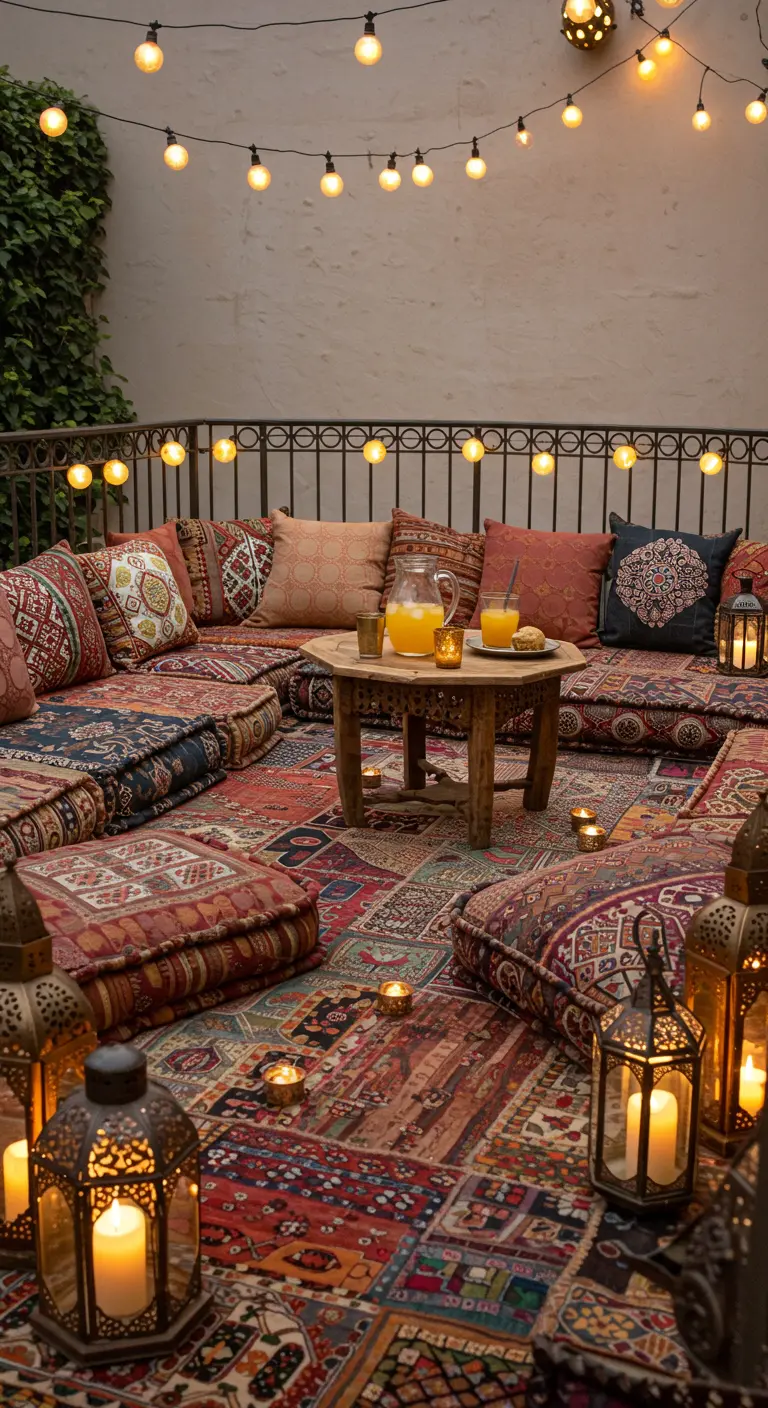 Ambiance lounge au sol sur une terrasse avec des tapis, des coussins et des lanternes.