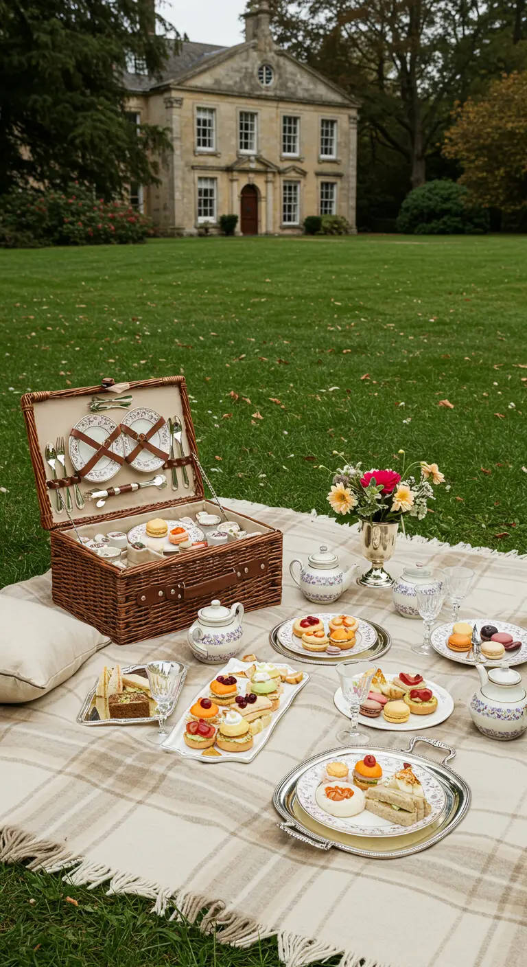 Pique-nique très chic avec un service à thé en porcelaine devant un manoir.