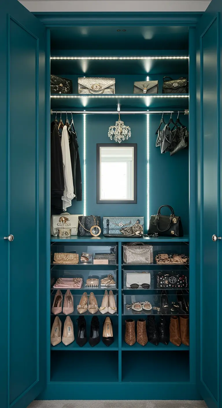 Placard dressing turquoise avec éclairage LED, étagères en verre et accessoires chics.