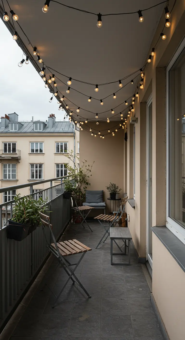 Plafond d'un long balcon couvert de plusieurs guirlandes lumineuses créant un effet de ciel étoilé.