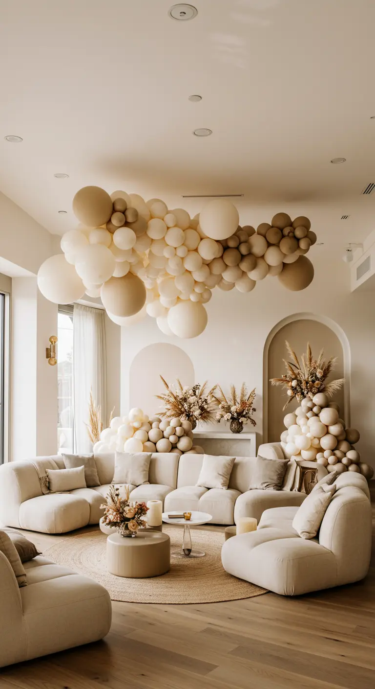 Impressionnante guirlande de ballons beiges suspendue au plafond d'un salon moderne.