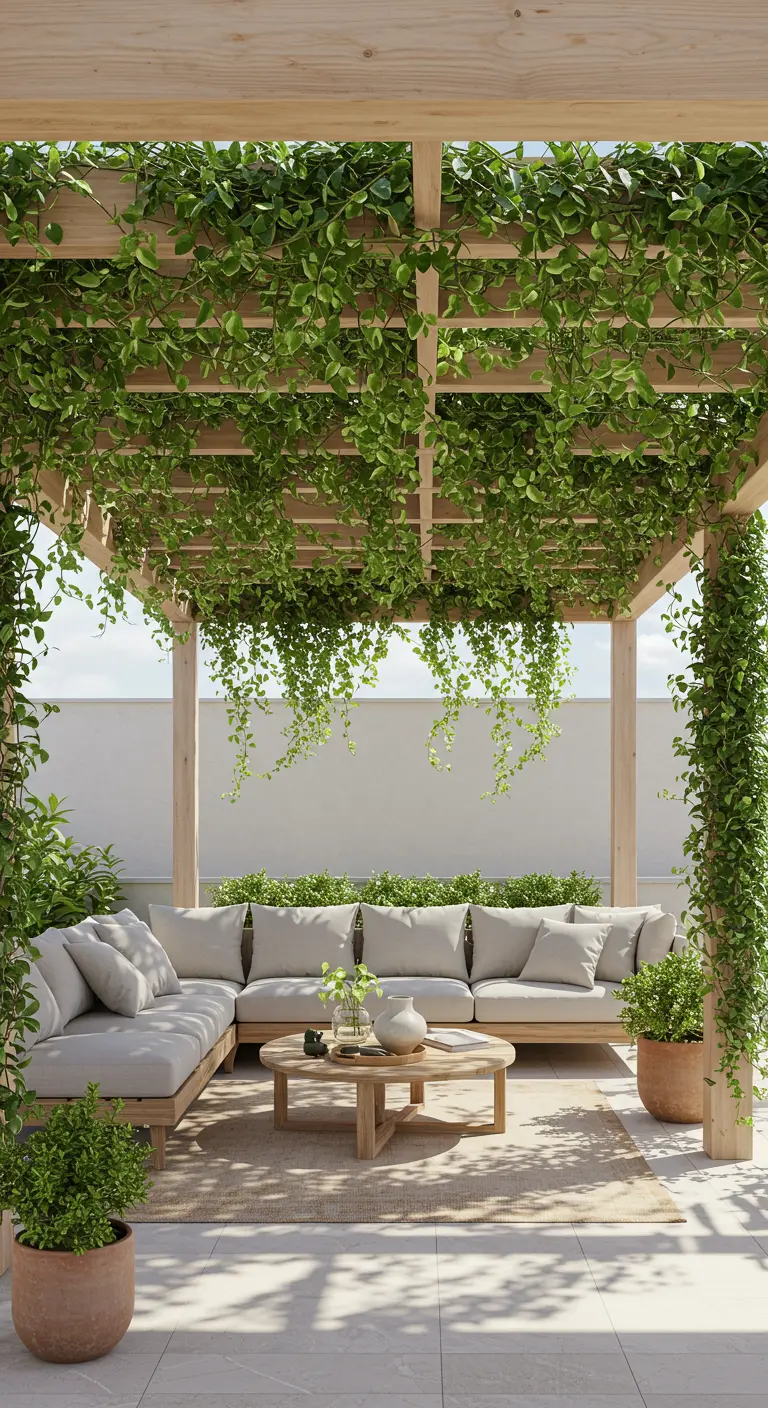 Pergola en bois couverte de plantes grimpantes au-dessus d'un salon de jardin.