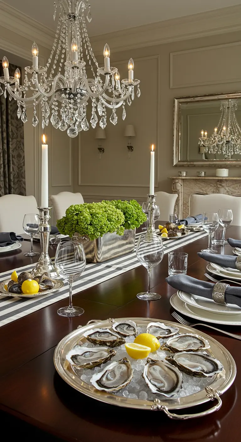 Table de dîner élégante avec un plateau d'huîtres, des chandeliers en argent et un lustre en cristal.