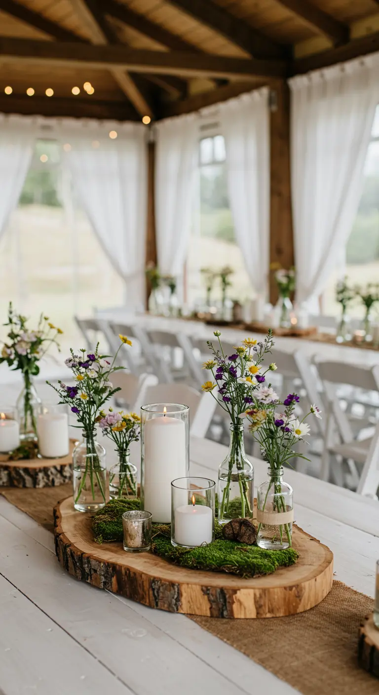 Rondin de bois avec une grosse bougie, de la mousse et des mini-vases de fleurs sauvages.