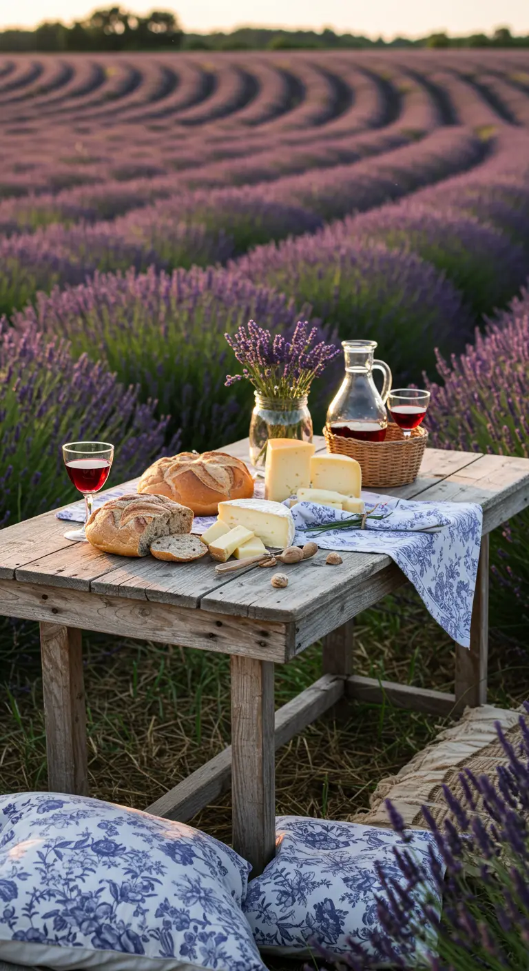 Pique-nique dans un champ de lavande avec du pain et du fromage.