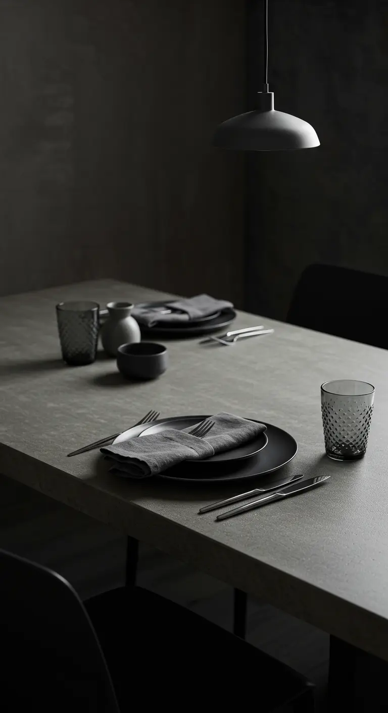 Table minimaliste avec vaisselle et serviettes grises.