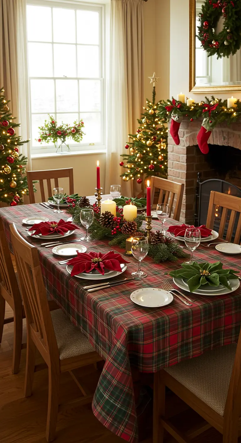 Table de Noël traditionnelle avec des serviettes rouges et vertes pliées en poinsettia.