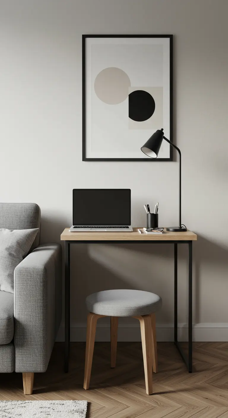Petit bureau minimaliste avec un tabouret placé à côté d'un canapé gris.