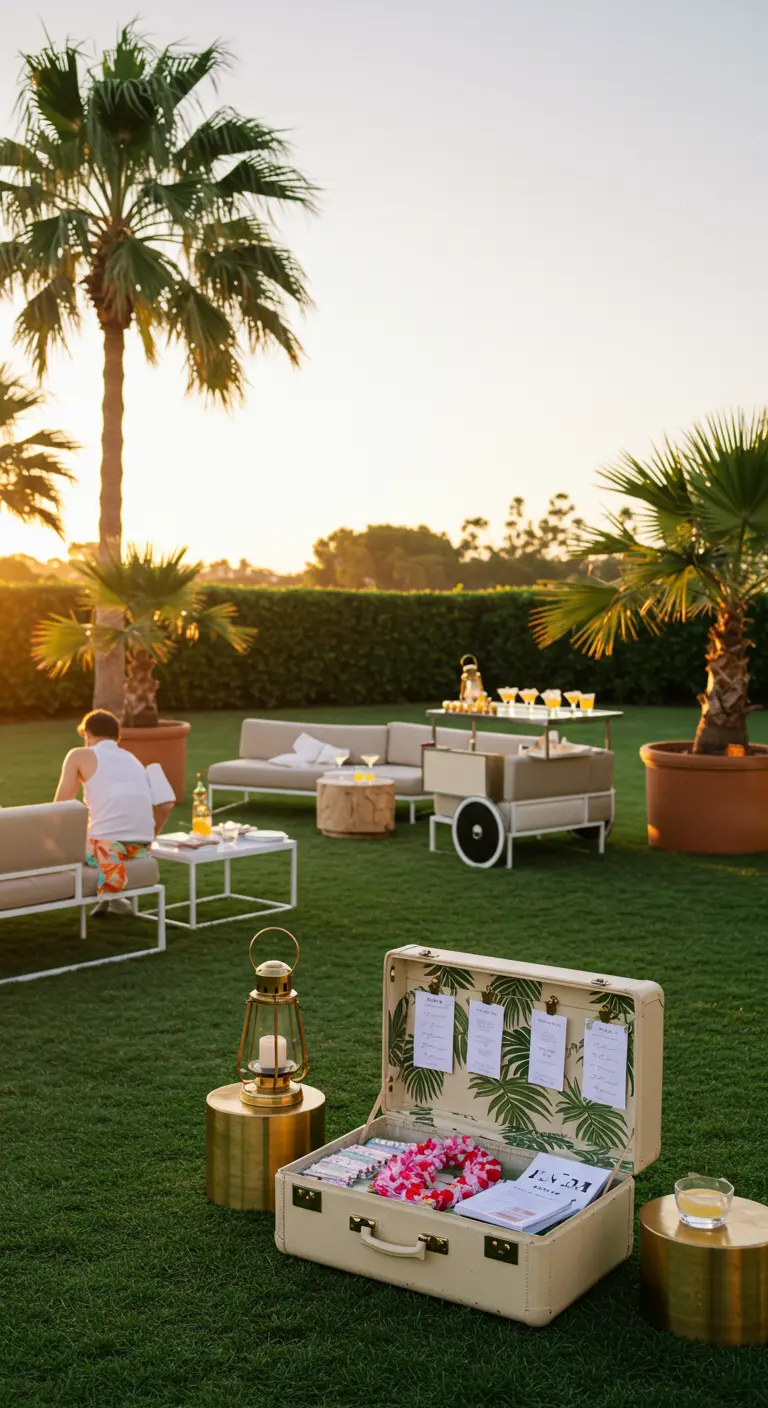 Valise ouverte sur l'herbe présentant le plan de table d'une garden party.