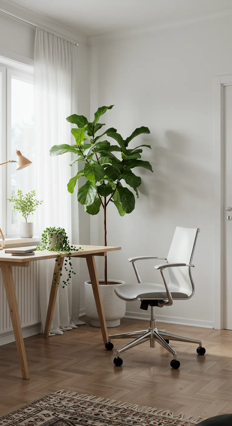 Bureau en bois clair avec une grande plante Ficus lyrata à côté, près d'une fenêtre.
