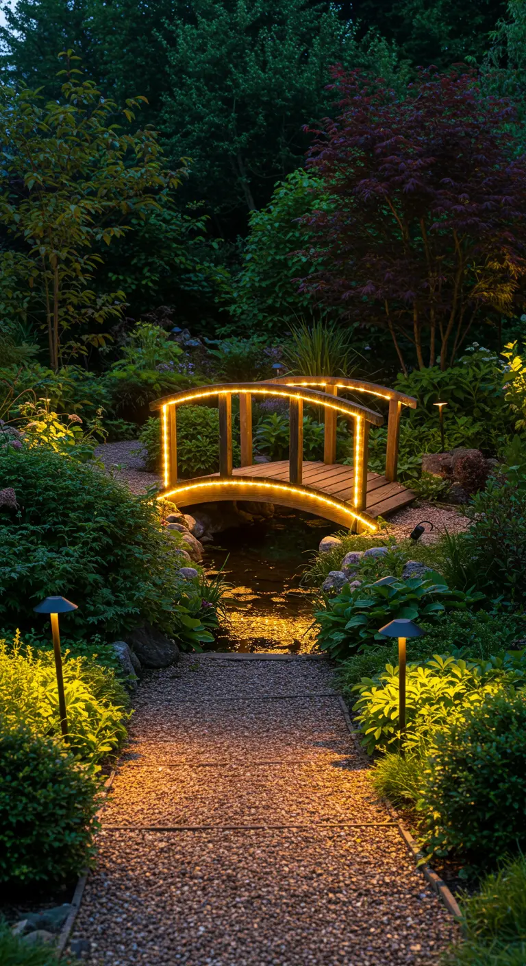 Petit pont en bois éclairé par des rubans LED dans un jardin luxuriant avec des chemins lumineux.
