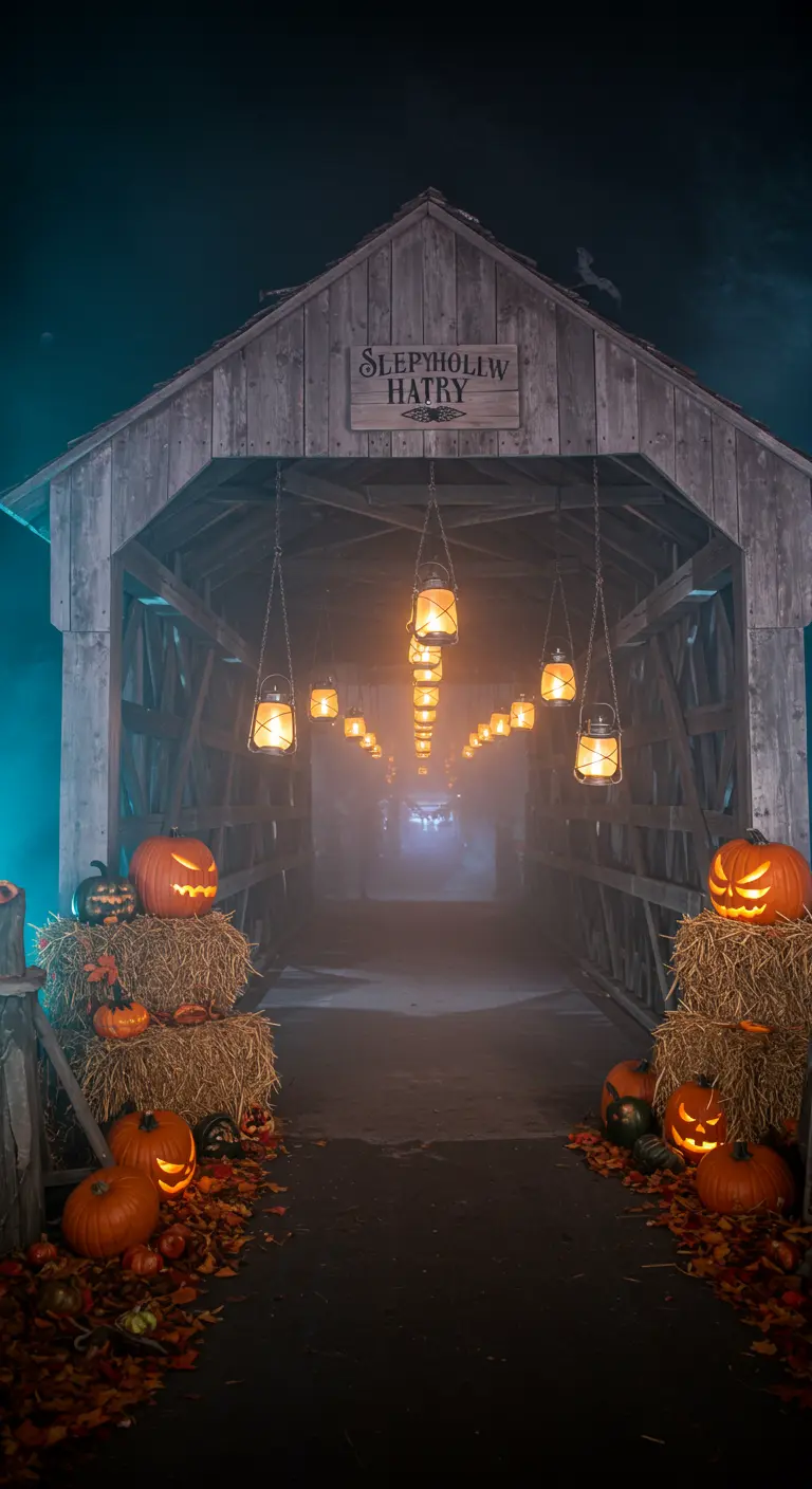 Pont en bois couvert décoré pour Halloween avec des lanternes et des citrouilles.