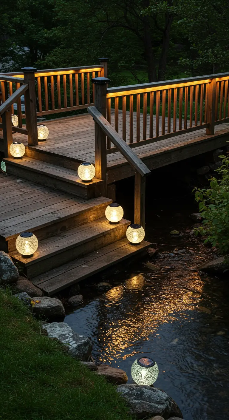 Un pont en bois au-dessus d'un ruisseau, éclairé par des LED sous la rampe et des globes en verre.