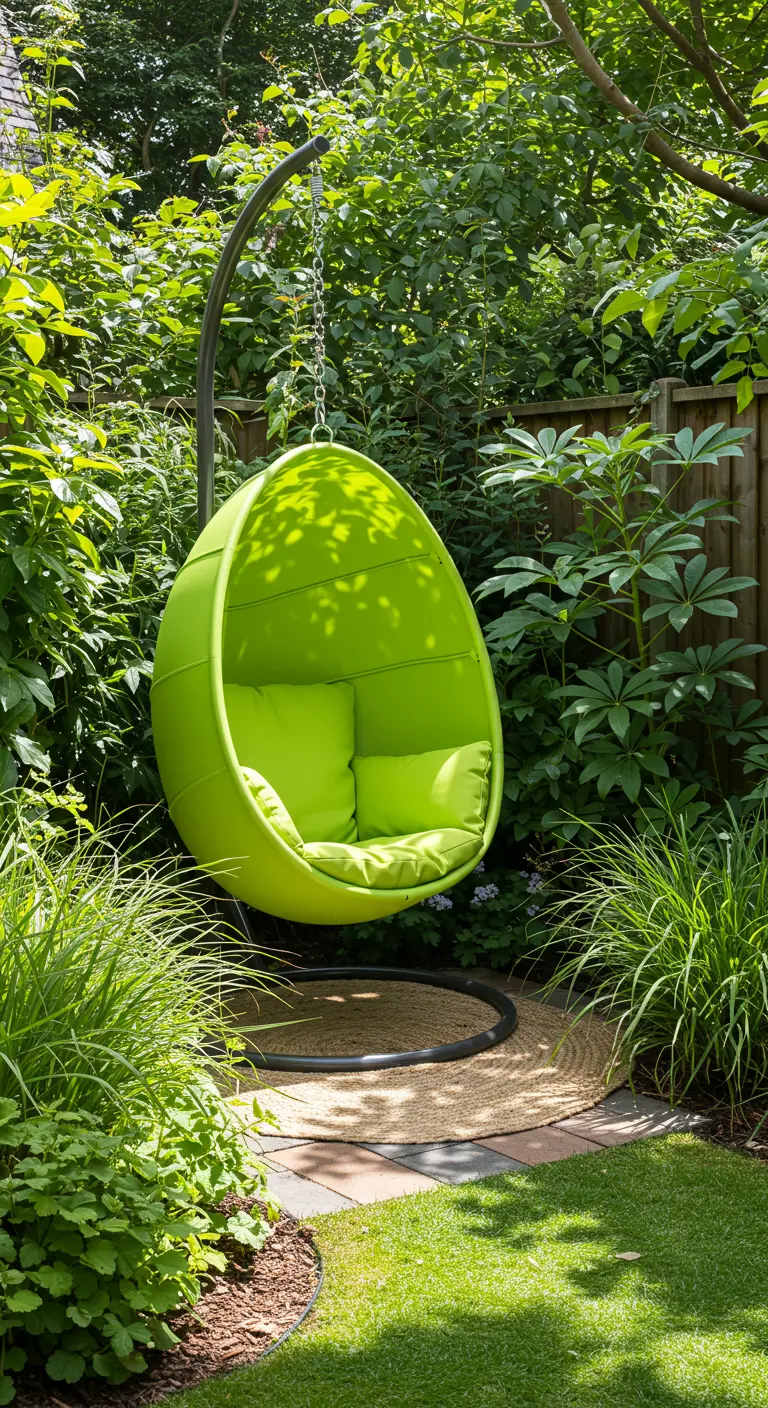 Chaise suspendue vert lime vif dans un jardin verdoyant et luxuriant.