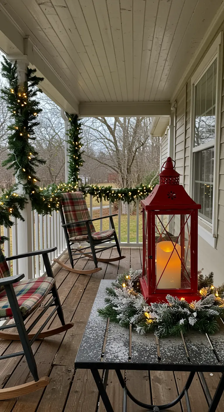 Porche d'entrée décoré pour Noël avec des guirlandes, des rocking-chairs et une lanterne.