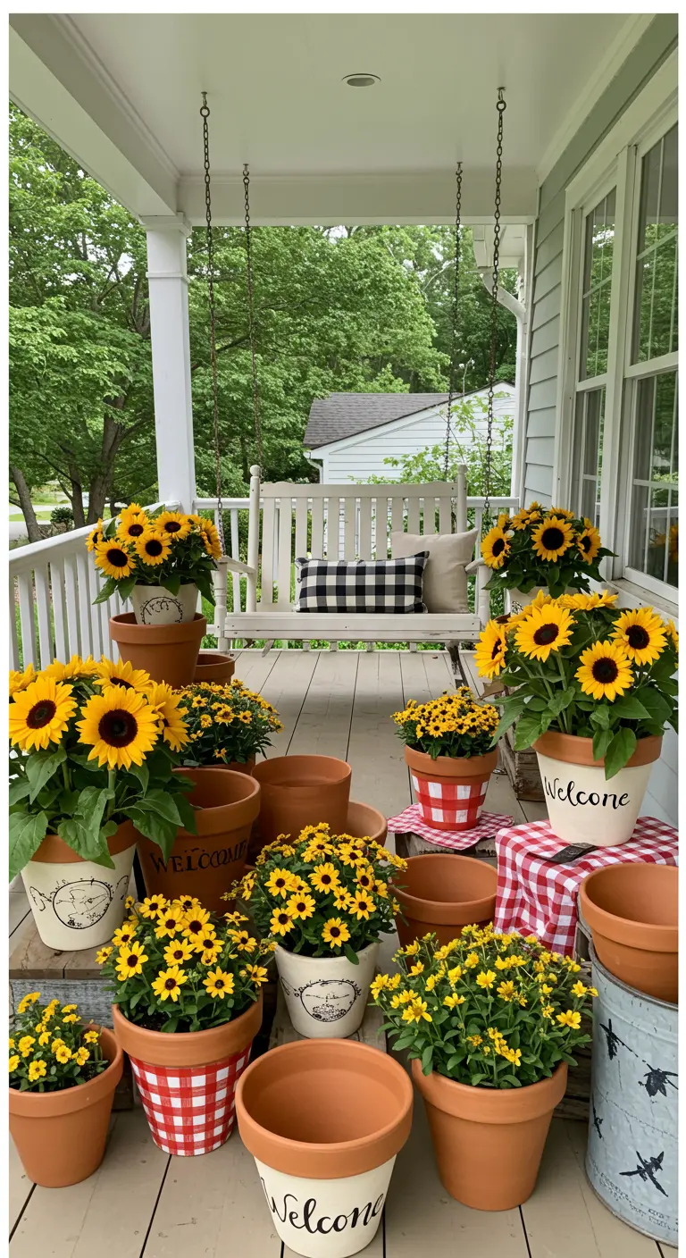 Porche d'entrée avec une balancelle et une profusion de tournesols en pots peints.