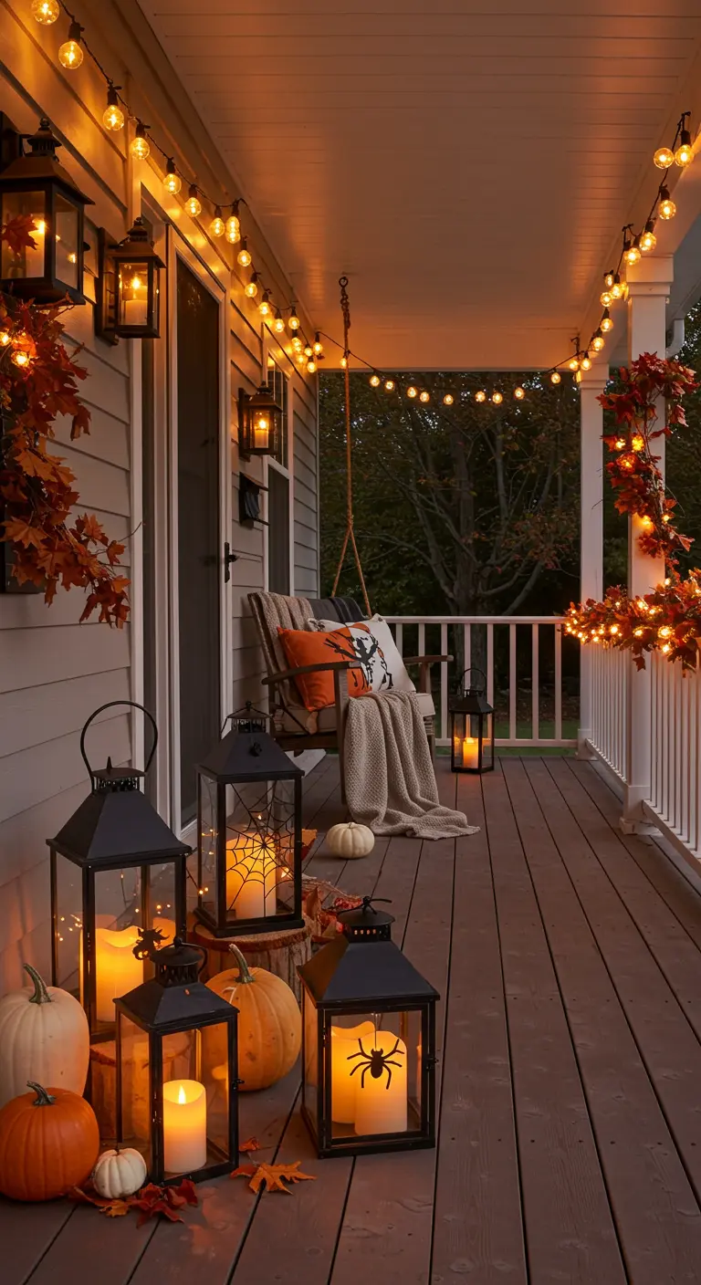 Porche décoré pour Halloween avec citrouilles, lanternes à motifs d'araignée et guirlandes lumineuses.