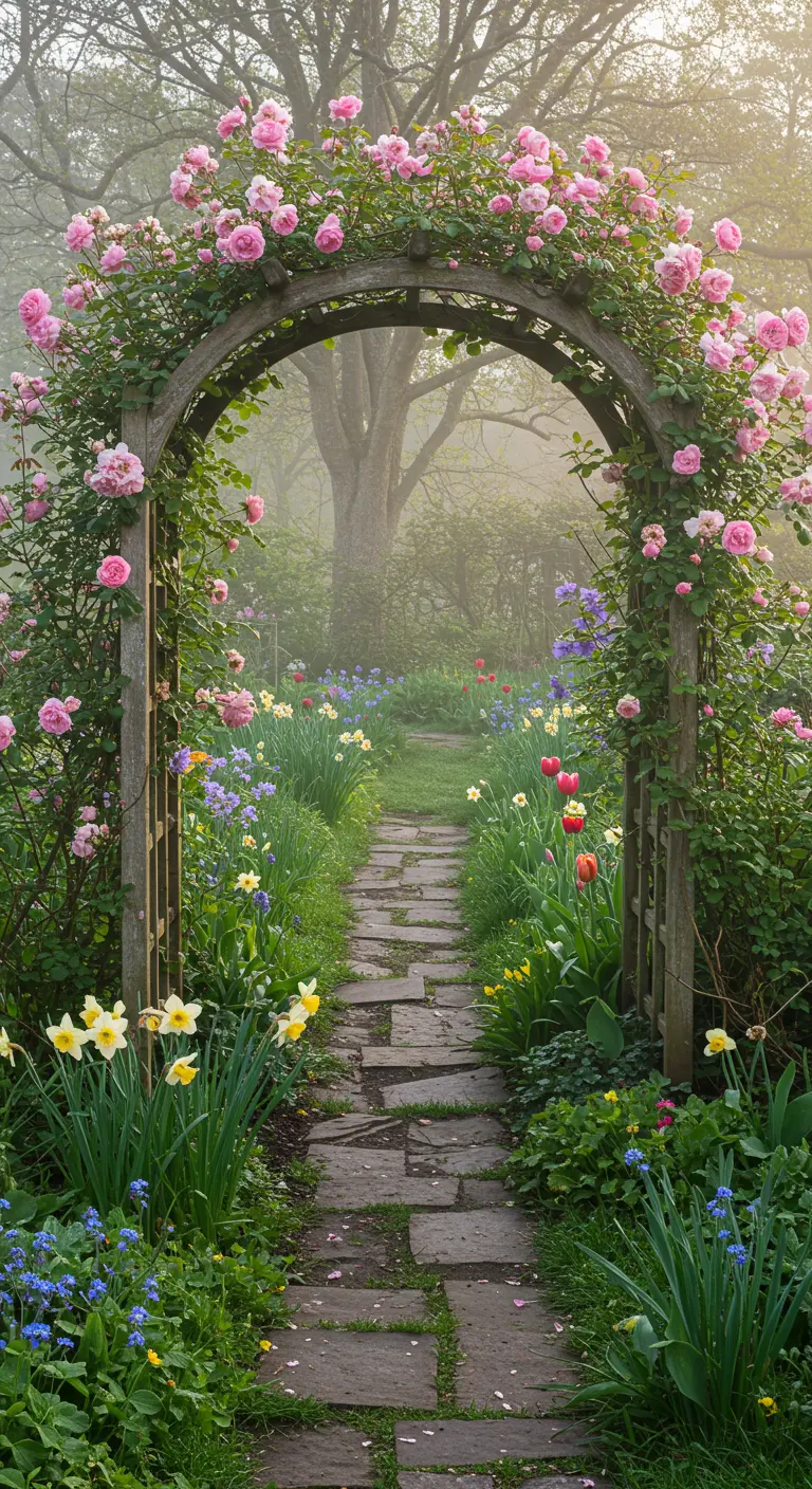 Arche en bois couverte de rosiers roses au-dessus d'un sentier en pierre.