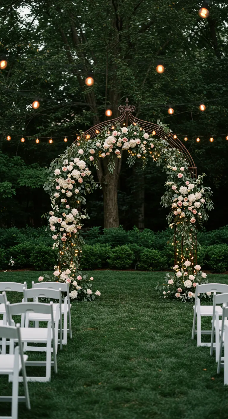 Arche de mariage en fer forgé recouverte de roses roses et blanches dans un jardin verdoyant.