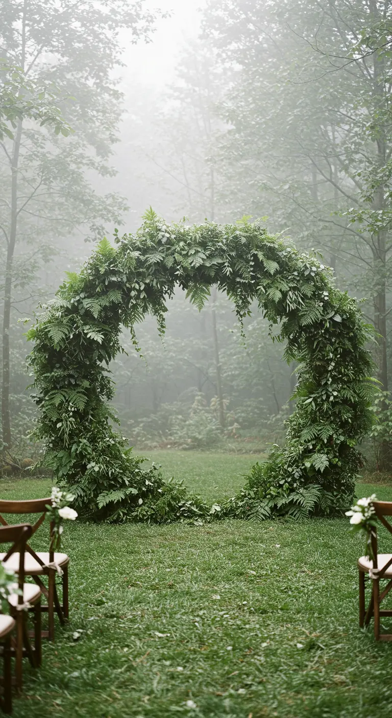 Arche de mariage circulaire entièrement recouverte de fougères dans une forêt brumeuse.