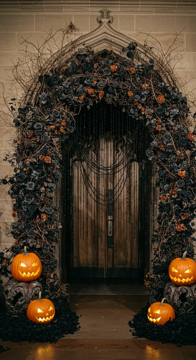 Arche de porte d'entrée décorée de roses noires, de branches et de citrouilles.