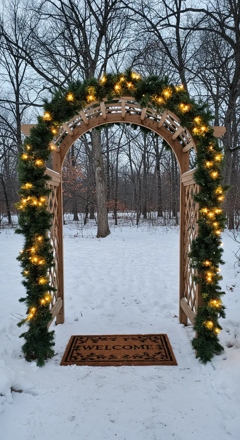 Arche de jardin en bois dans la neige, entièrement recouverte de guirlandes et de lumières.