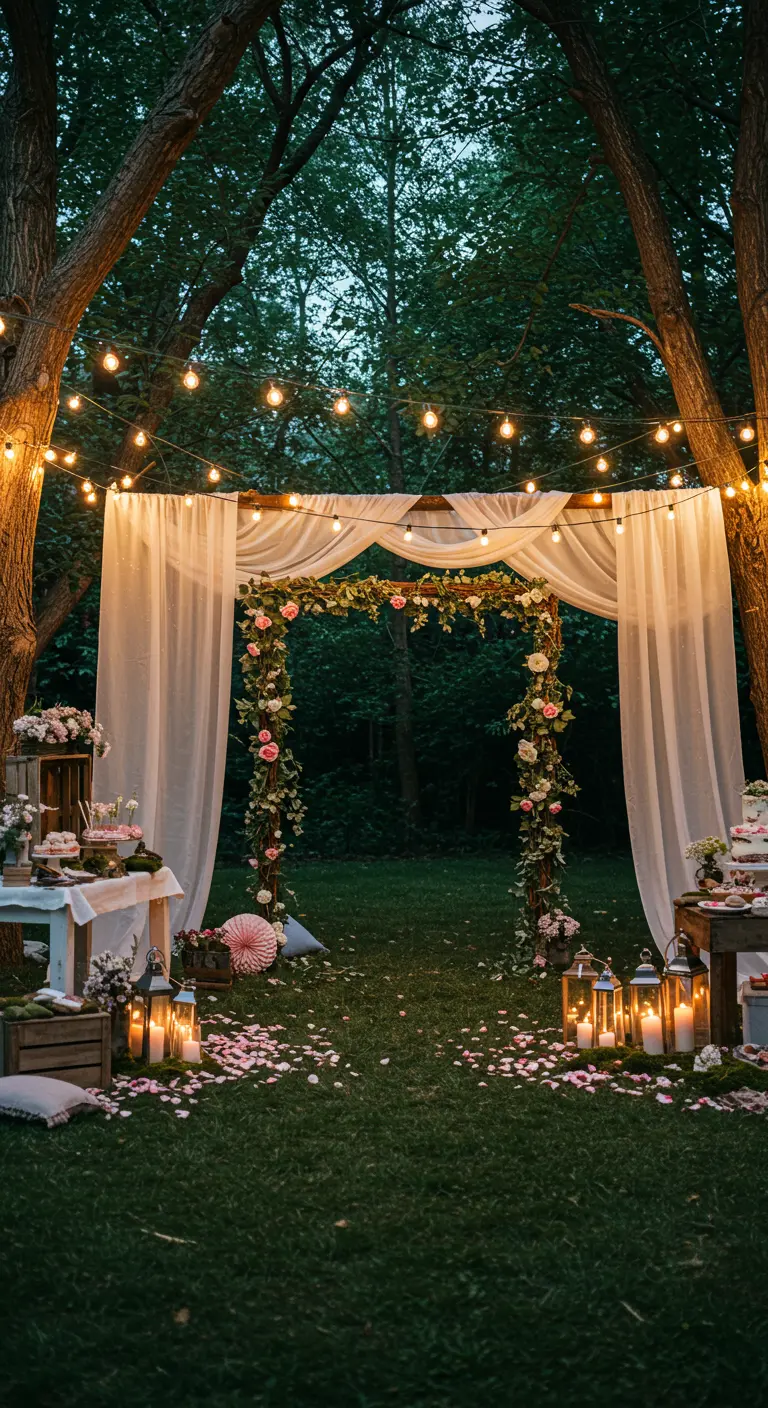 Arche en bois avec voilages, fleurs et guirlandes lumineuses dans un jardin.