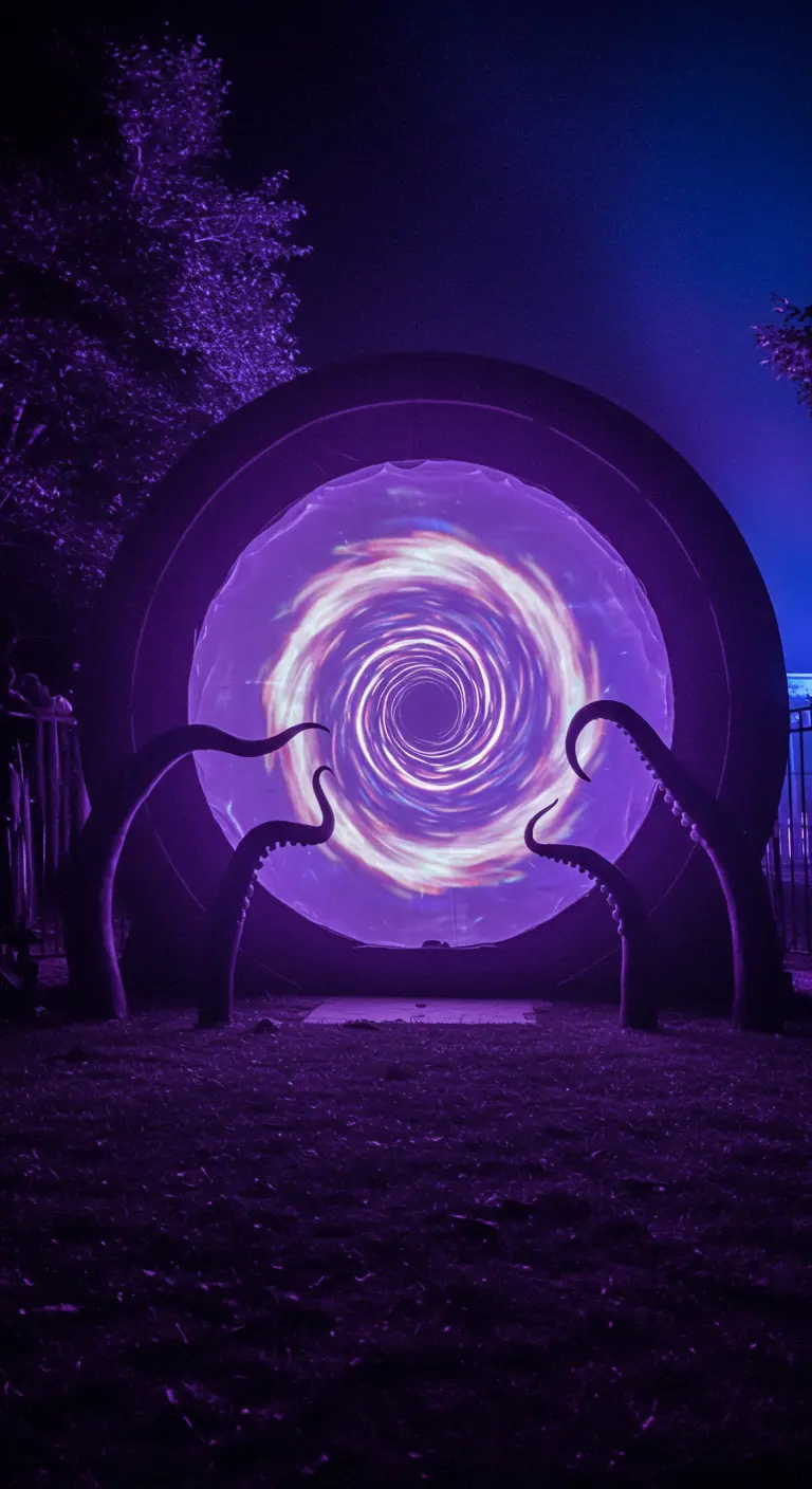 Portail lumineux violet en spirale avec des tentacules de monstre sortant des côtés.