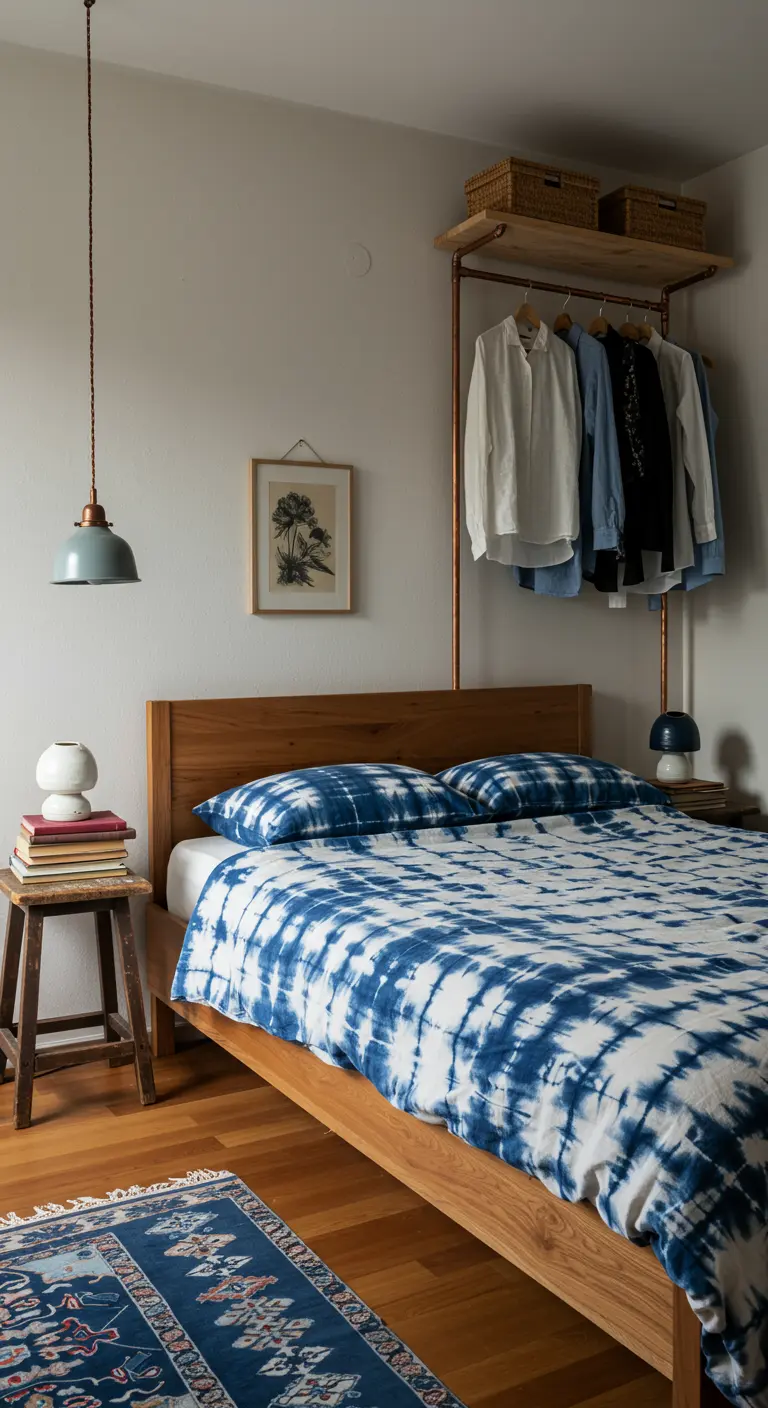 Chambre avec un portant à vêtements DIY en tuyaux de cuivre et du linge de lit tie-dye.