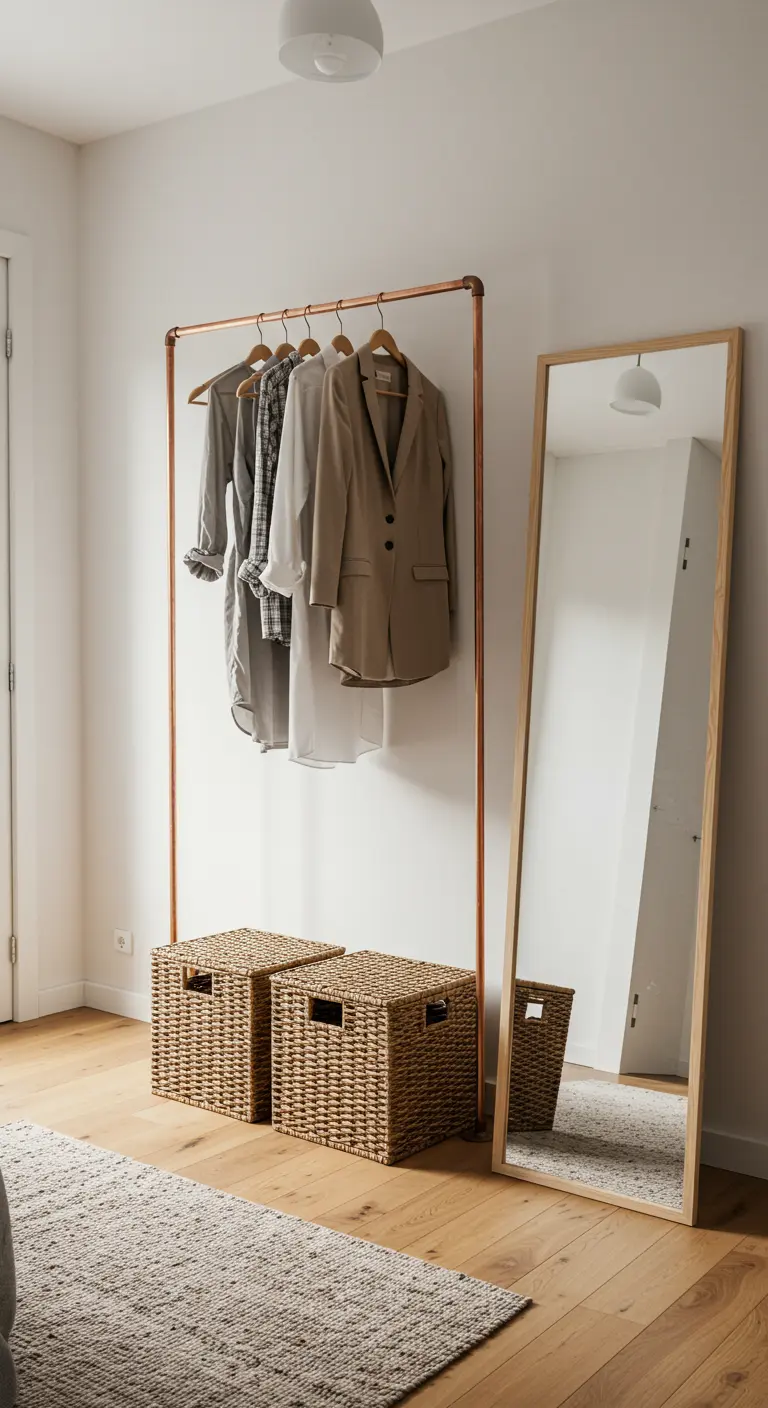 Portant à vêtements DIY en tuyaux de cuivre avec paniers de rangement en osier.